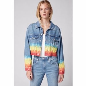 BLANK NYC Cropped Distressed Rainbow Dip Dye Denim Jacket, Large